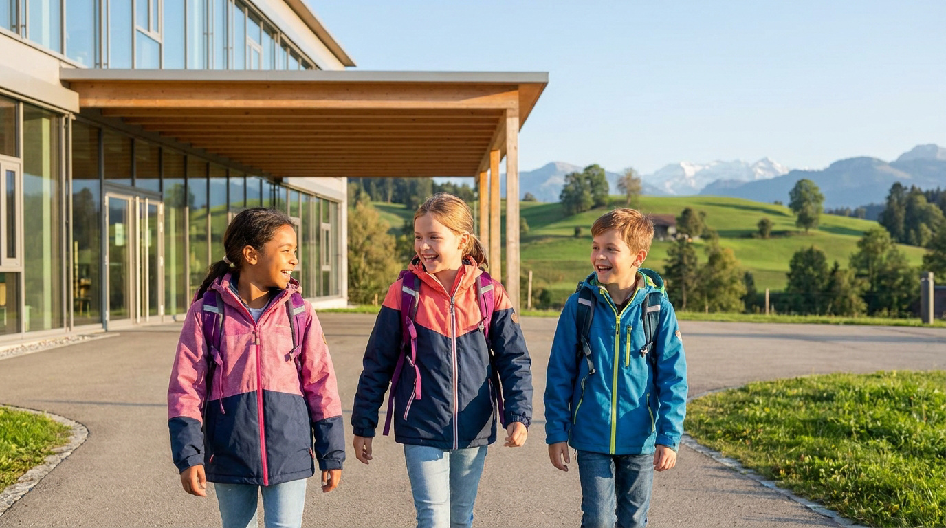 Trois enfants souriants portant des sacs à dos marchant devant une école moderne avec les Alpes en arrière-plan.
