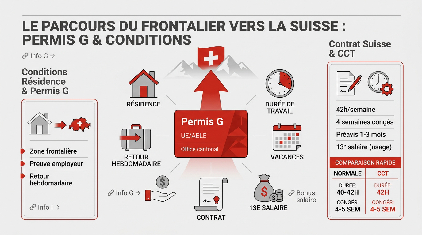 Infographie sur les étapes d'obtention du permis G pour les travailleurs frontaliers en Suisse