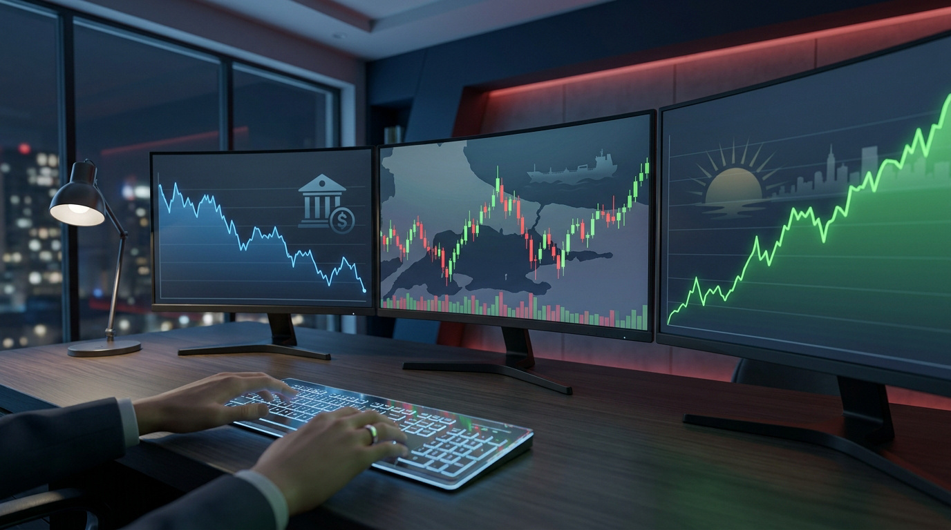 Un trader travaille sur trois écrans affichant des courbes boursières et des graphiques économiques dans un bureau sombre.