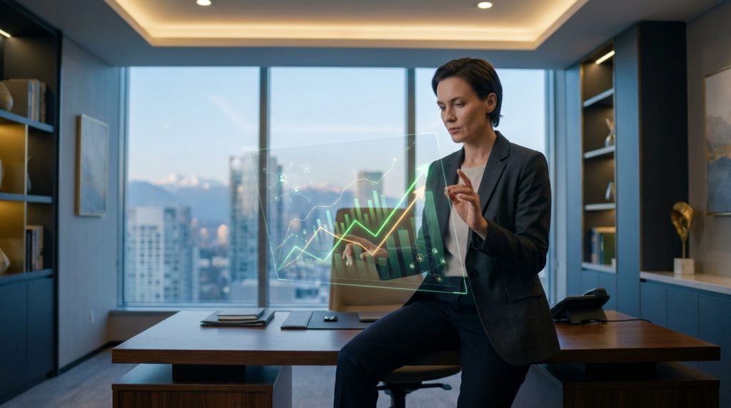 Une femme d'affaires dans un bureau moderne manipule un écran holographique affichant des graphiques de performance financière.