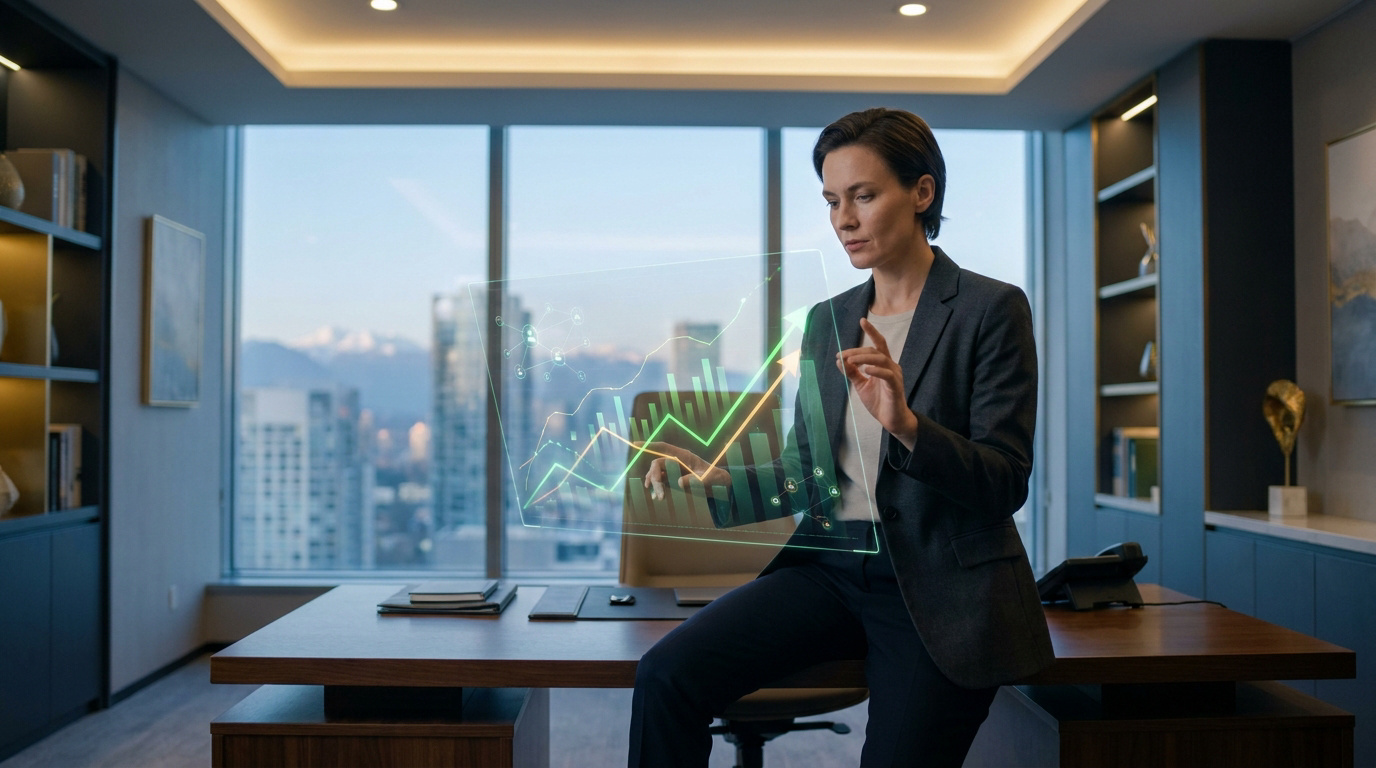 Une femme d'affaires dans un bureau moderne manipule un écran holographique affichant des graphiques de performance financière.