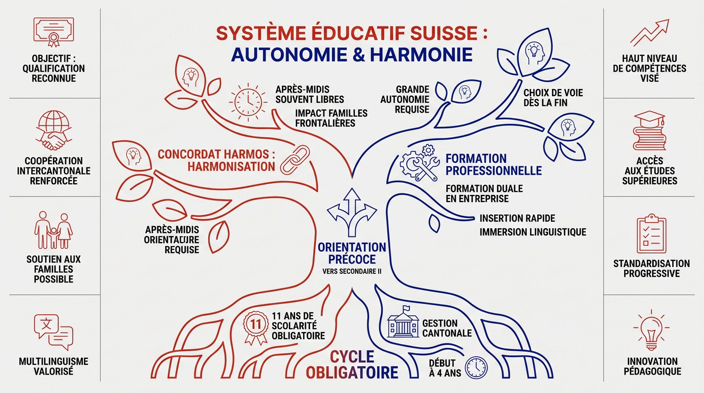 Schéma des parcours scolaires et de l'harmonisation HarmoS en Suisse