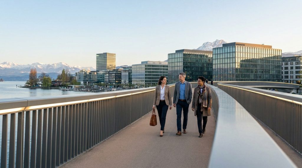 Trois professionnels marchant sur une passerelle moderne avec vue sur un lac suisse et des montagnes enneigées.