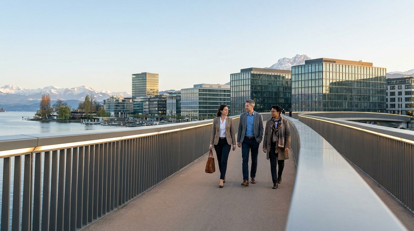 Trois professionnels marchant sur une passerelle moderne avec vue sur un lac suisse et des montagnes enneigées.