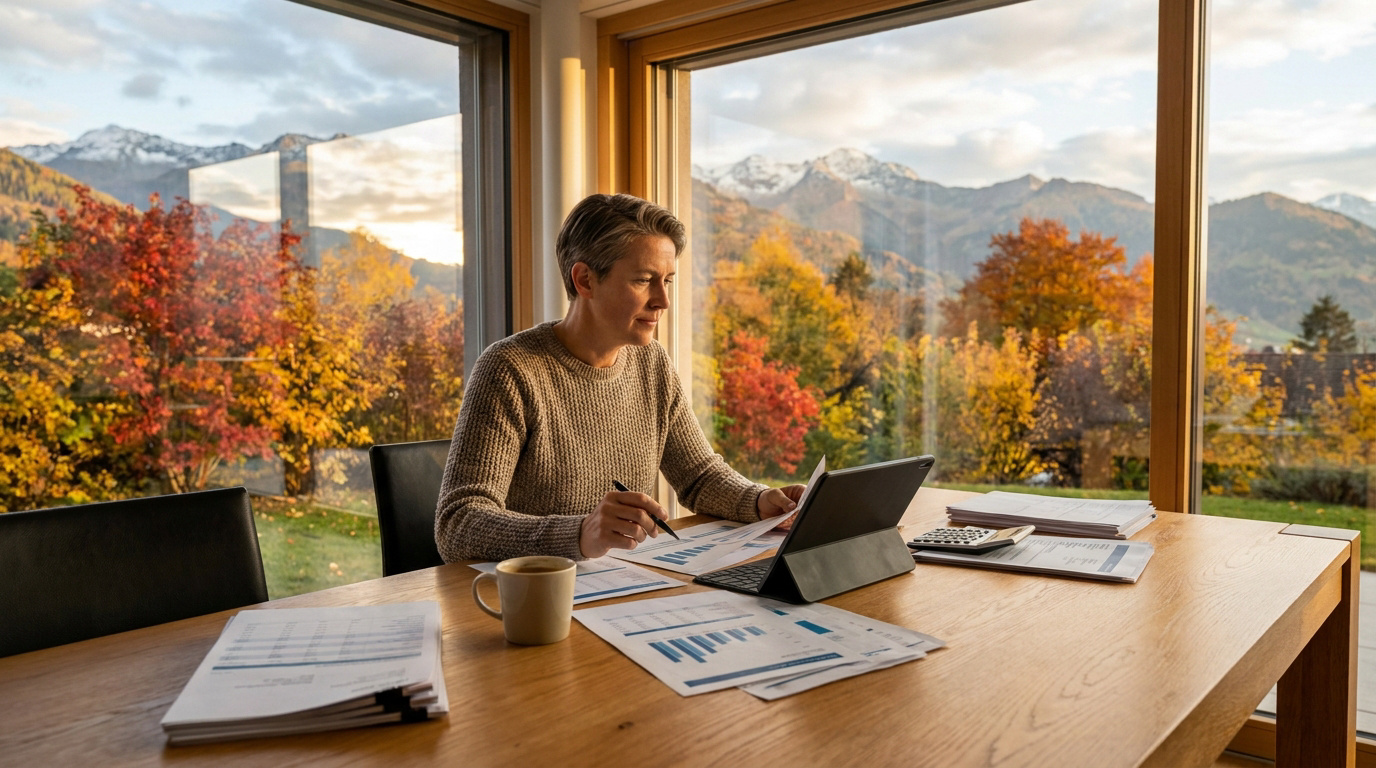 Une personne travaillant sur des documents financiers et une tablette face à des montagnes suisses en automne.