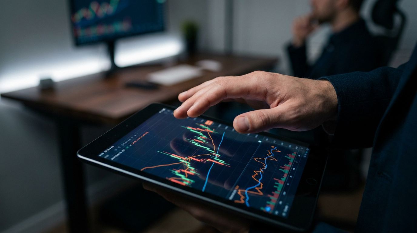 Un trader utilisant une tablette affichant des graphiques financiers dans un bureau sombre.