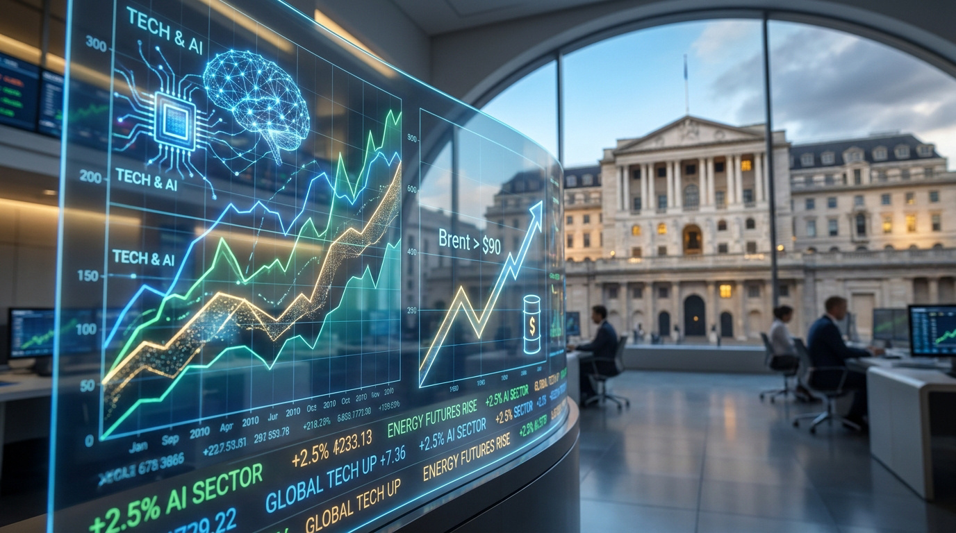 Interface holographique affichant des graphiques boursiers, l'IA et le prix du pétrole devant un bâtiment institutionnel.