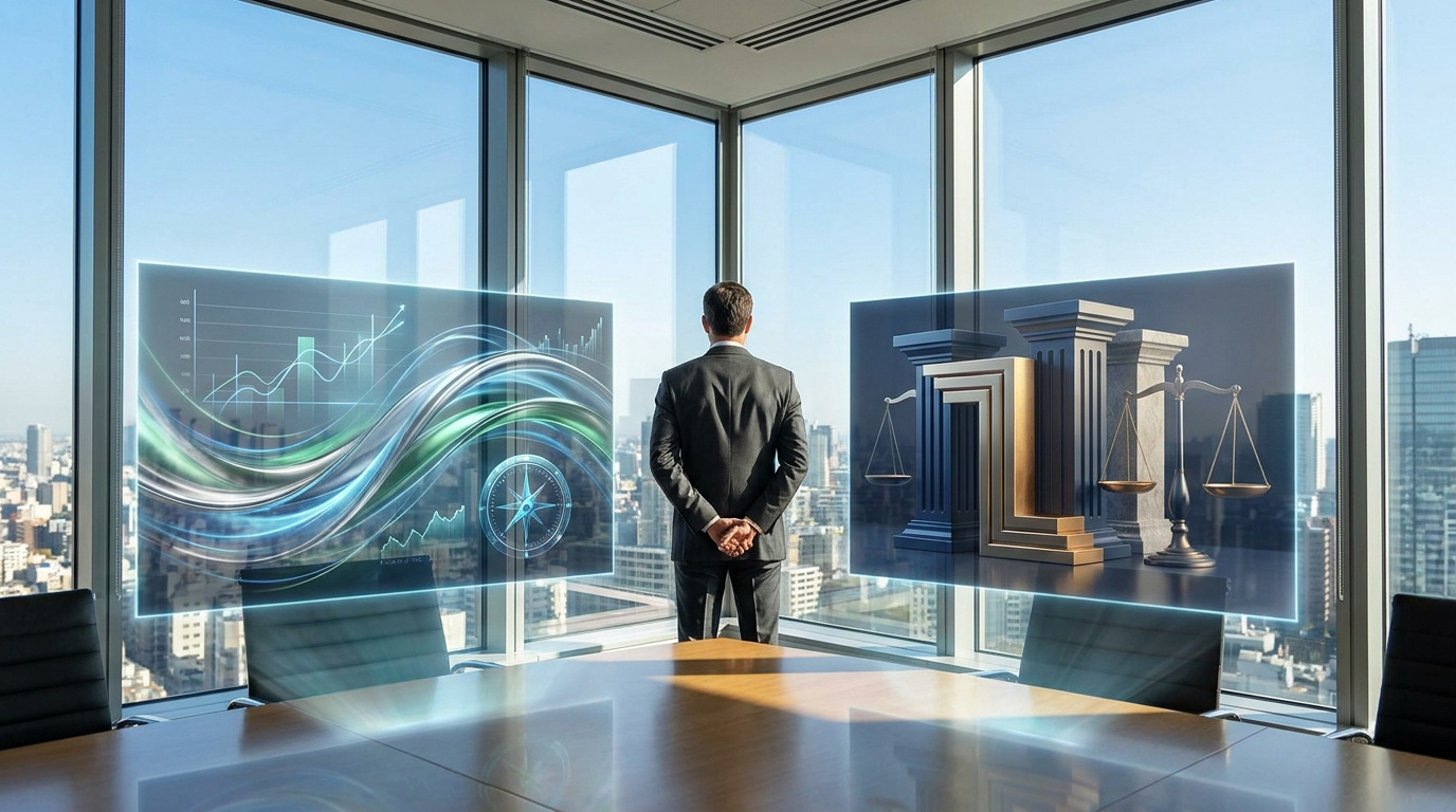 Un homme d'affaires contemple des écrans holographiques de données financières et de justice dans un bureau avec vue urbaine.