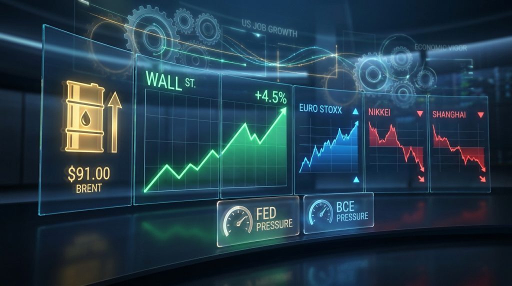 Tableau de bord financier numérique montrant le pétrole en hausse, Wall Street en progression et des indices asiatiques en baisse.