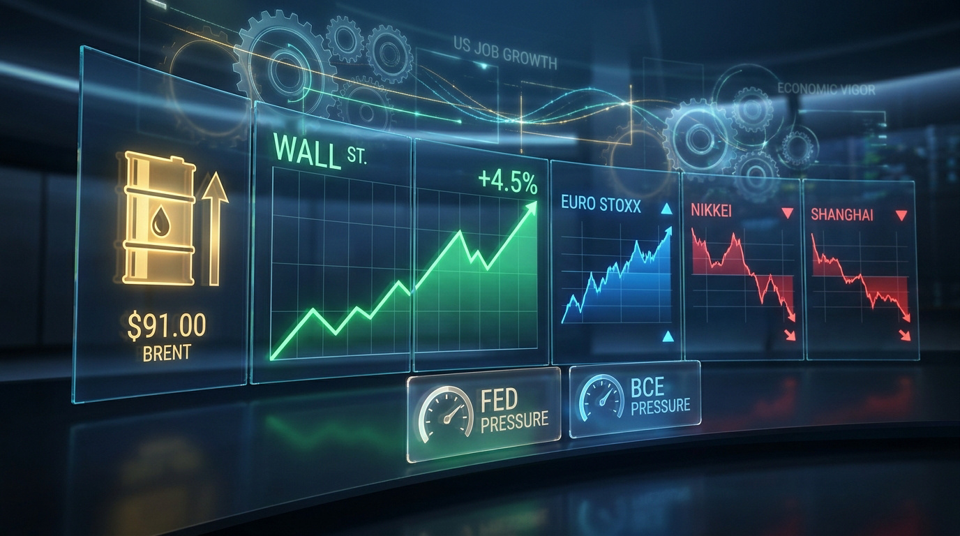 Tableau de bord financier numérique montrant le pétrole en hausse, Wall Street en progression et des indices asiatiques en baisse.