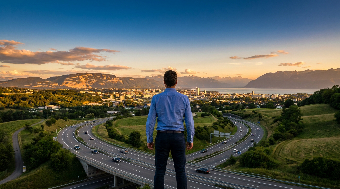 Un homme regarde une ville suisse et une autoroute au coucher du soleil.