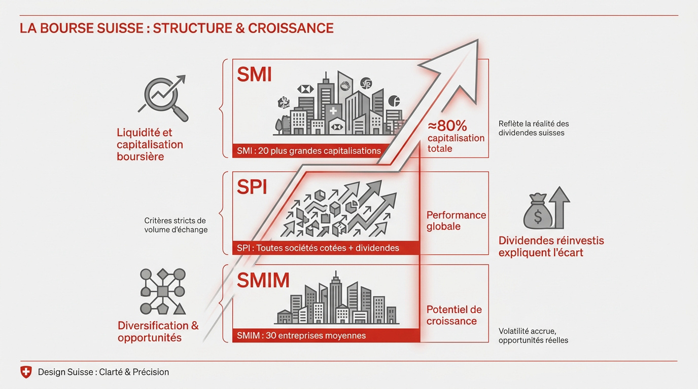 Infographie structure et croissance de la bourse suisse SMI et SPI