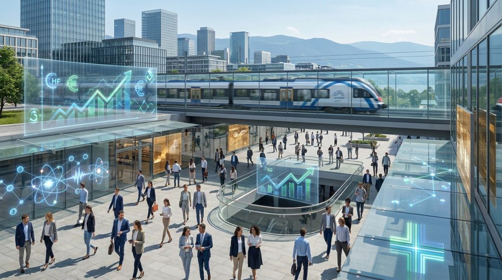 Foule de professionnels dans un centre d'affaires moderne à Genève avec un train en arrière-plan et des graphiques numériques.