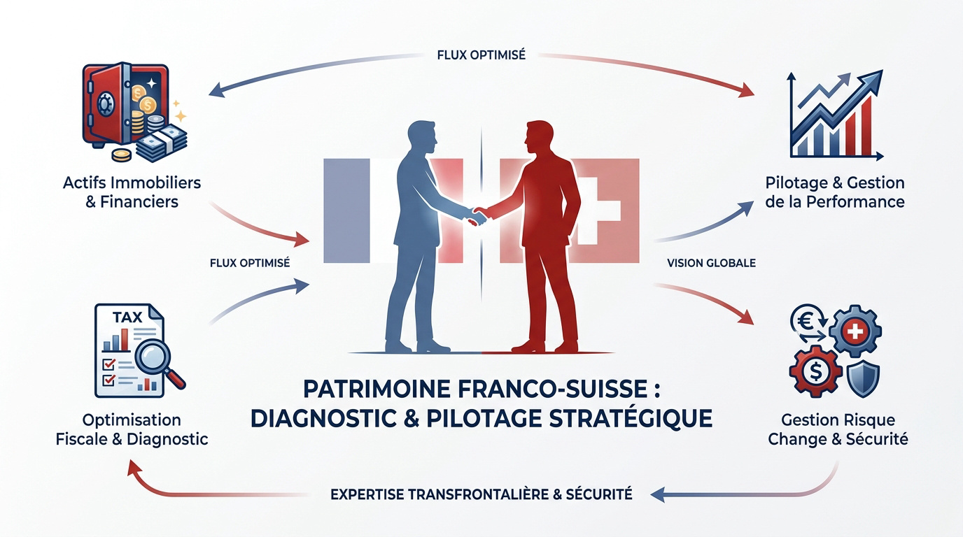 Conseiller financier à Genève analysant le patrimoine d'un travailleur frontalier franco-suisse