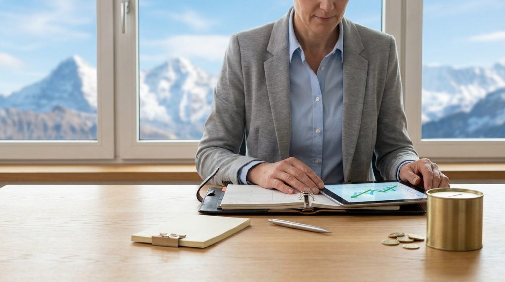Professionnelle en costume consultant un graphique financier sur tablette face à une vue sur les Alpes suisses.