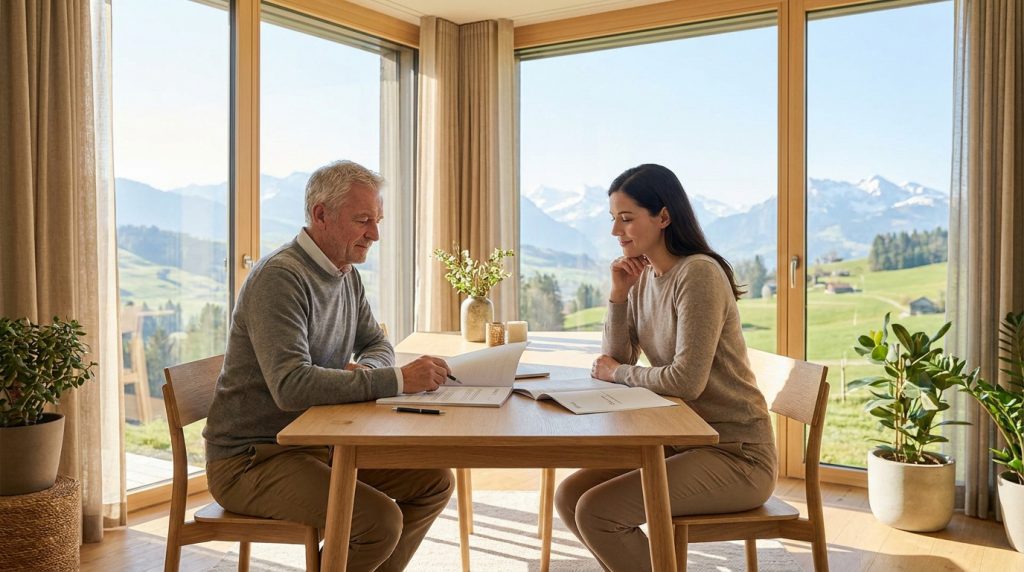 Un homme âgé et une femme consultent des documents juridiques autour d'une table avec vue sur les Alpes suisses.