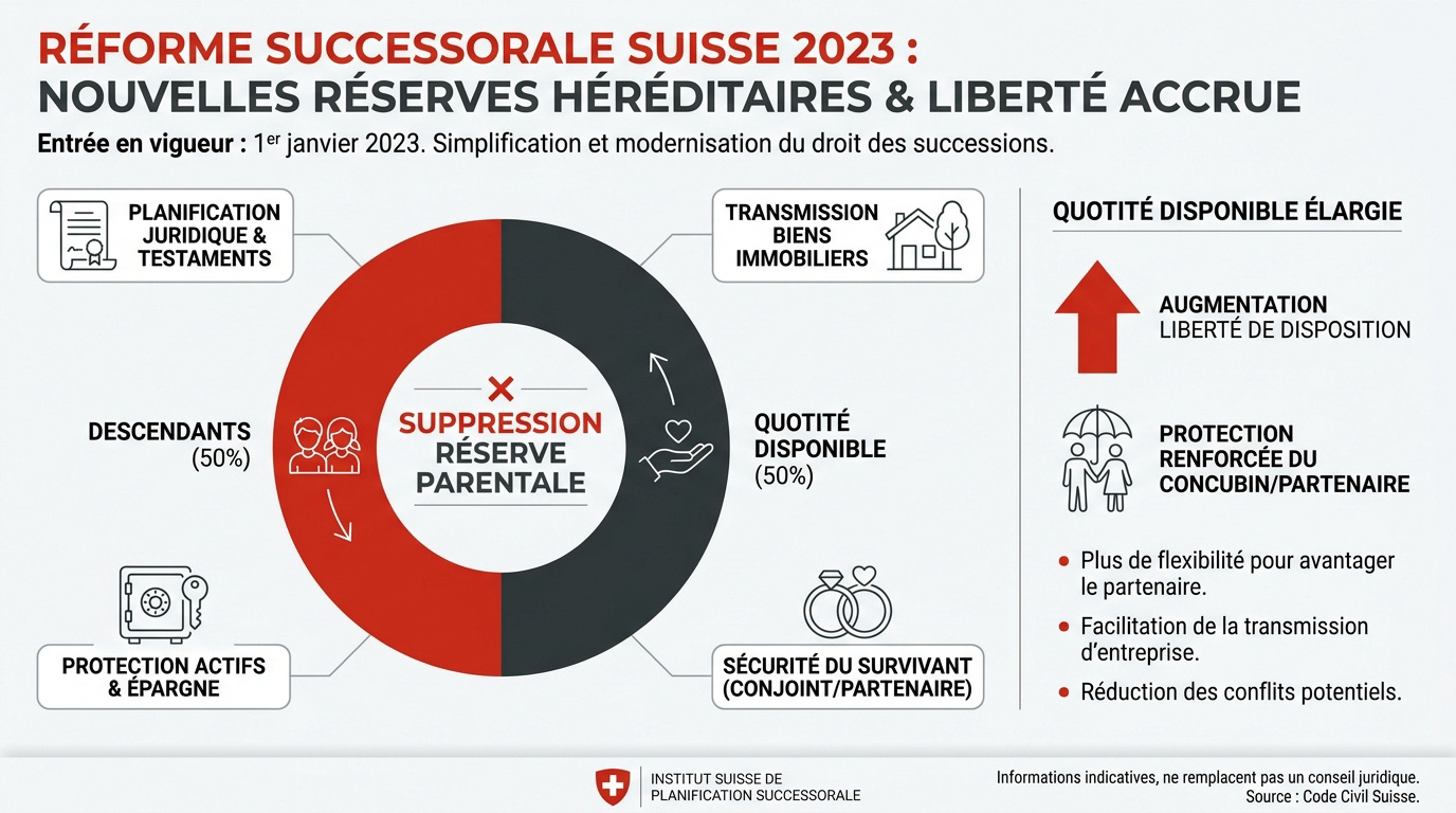 Graphique illustrant la réduction des réserves héréditaires en Suisse suite à la réforme de 2023