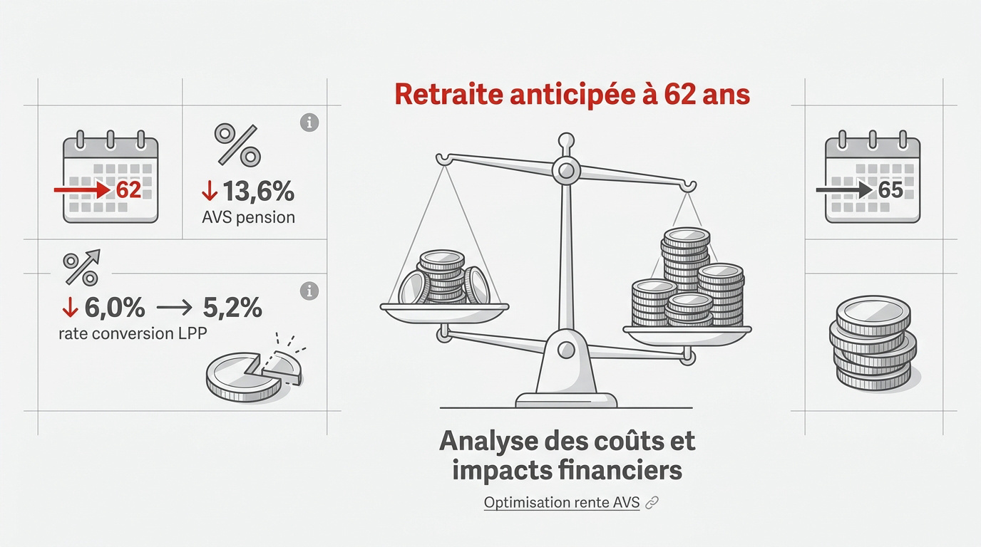 Graphique illustrant les coûts financiers d'une retraite anticipée en Suisse à 62 ans