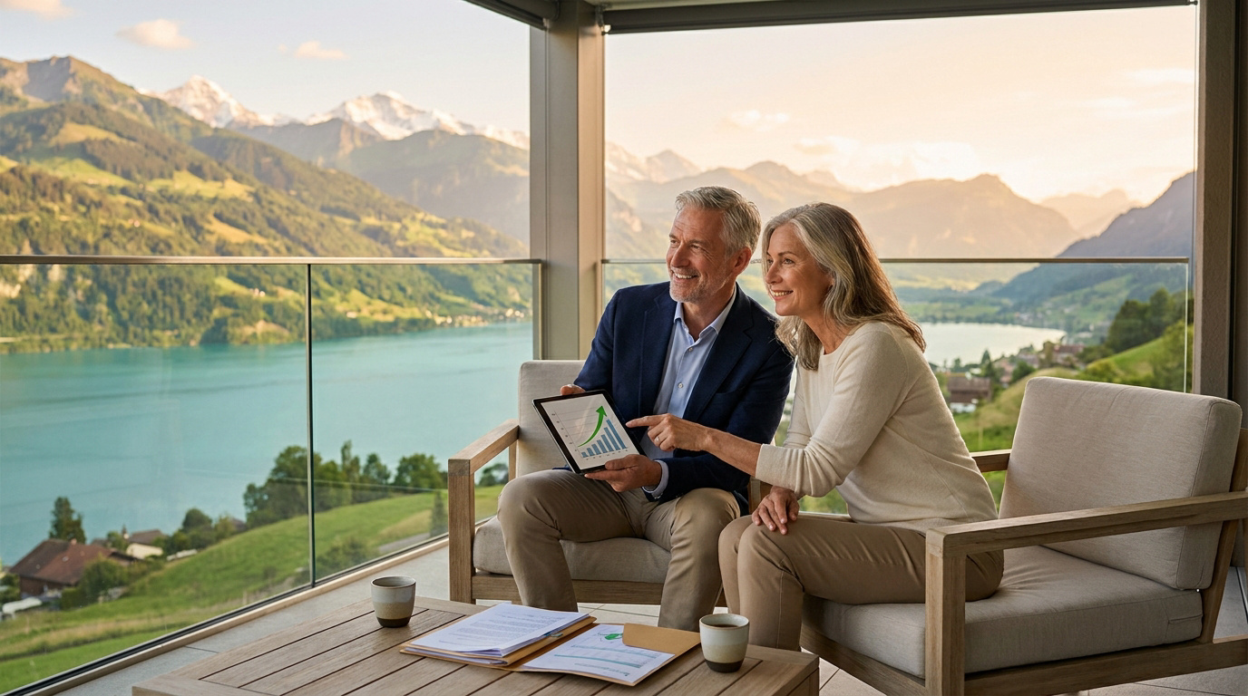 Un couple mature assis sur un balcon suisse avec vue sur un lac et des montagnes, examinant des graphiques financiers.