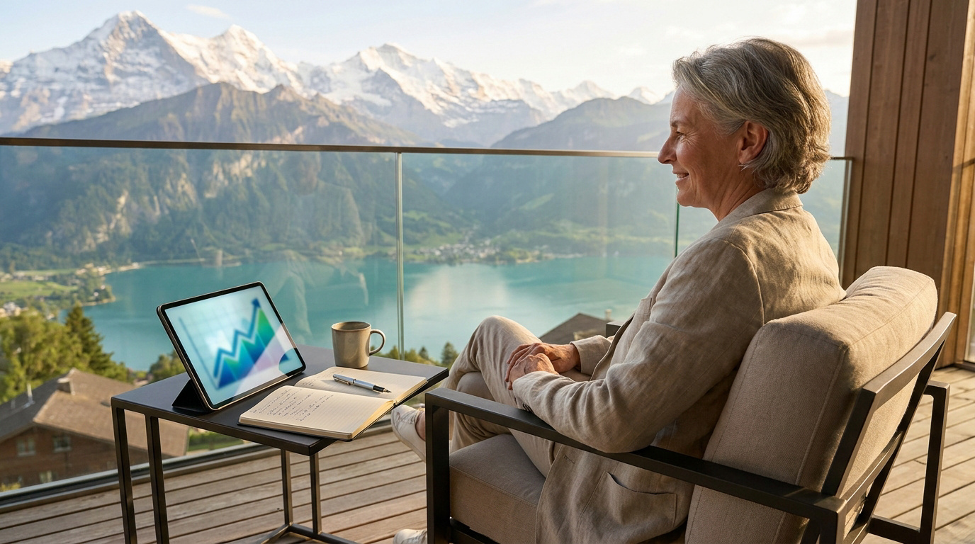 Une femme âgée profite de la vue sur les Alpes suisses tout en consultant un graphique financier sur sa tablette.
