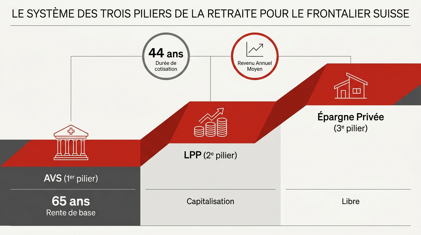Schéma explicatif du système des trois piliers de la retraite suisse pour les frontaliers