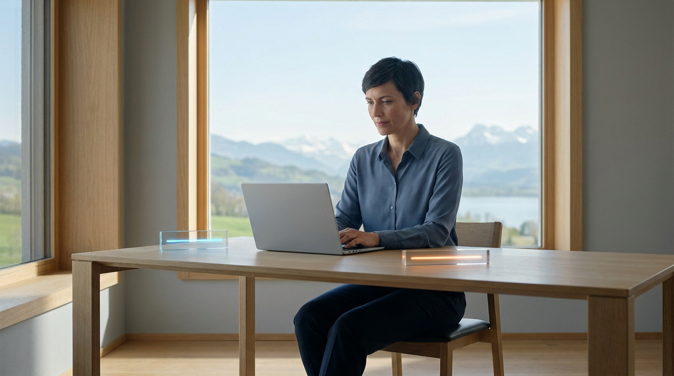 Une femme travaille sur un ordinateur portable dans un bureau lumineux avec vue sur un lac et des montagnes.