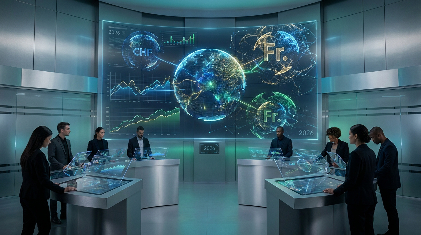 Des professionnels analysant des graphiques financiers et des données mondiales sur des écrans holographiques futuristes.