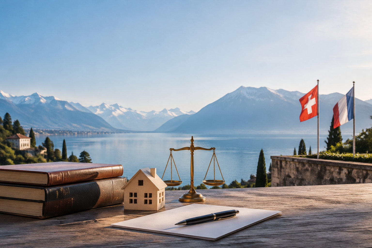 Une table avec des livres, une maquette de maison, une balance de justice, un stylo et les drapeaux Suisse et Français.