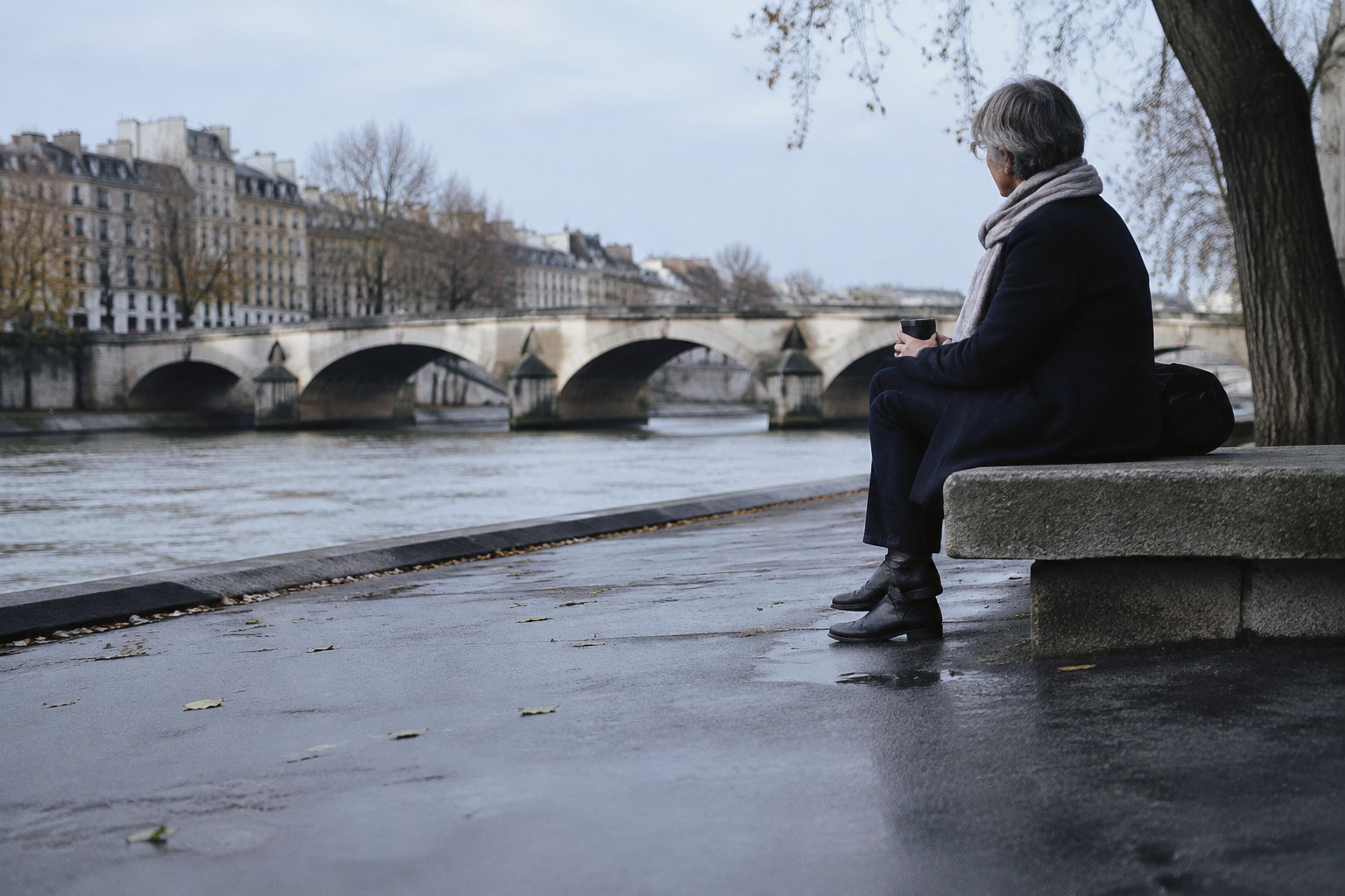 Une femme mûre assise sur un banc au bord de la Seine, observant le pont des Arts dans une atmosphère paisible.