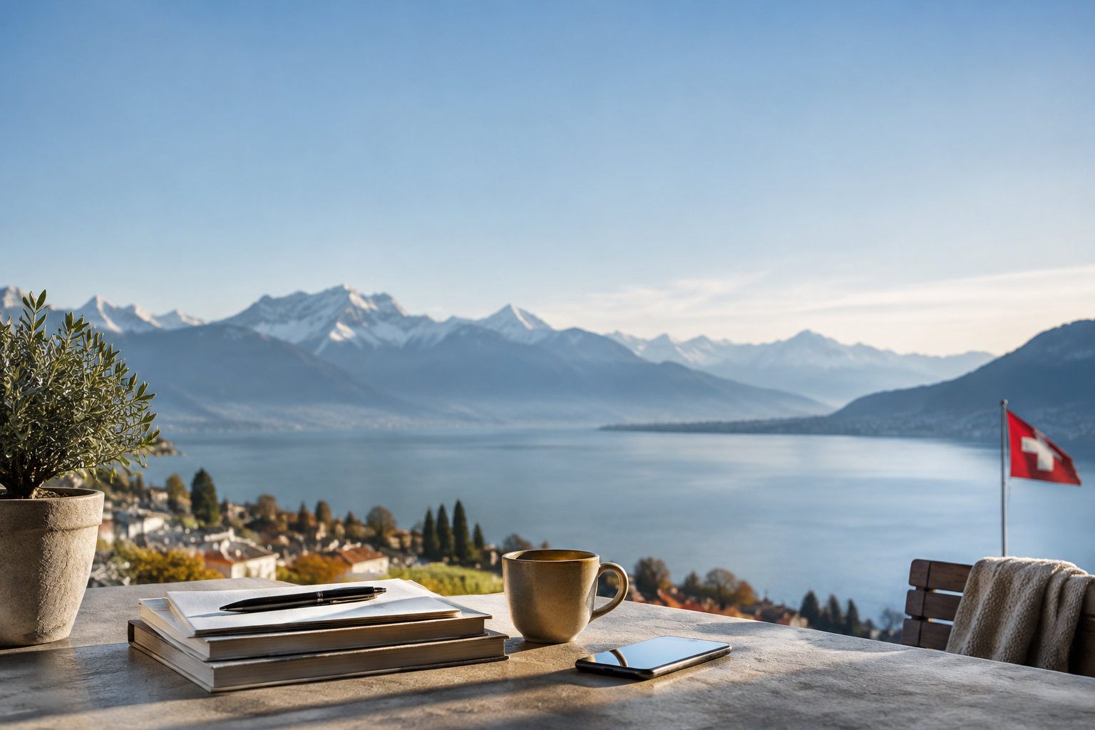 Une table avec un café, un carnet et un téléphone face aux Alpes suisses et au lac Léman, avec un drapeau suisse.