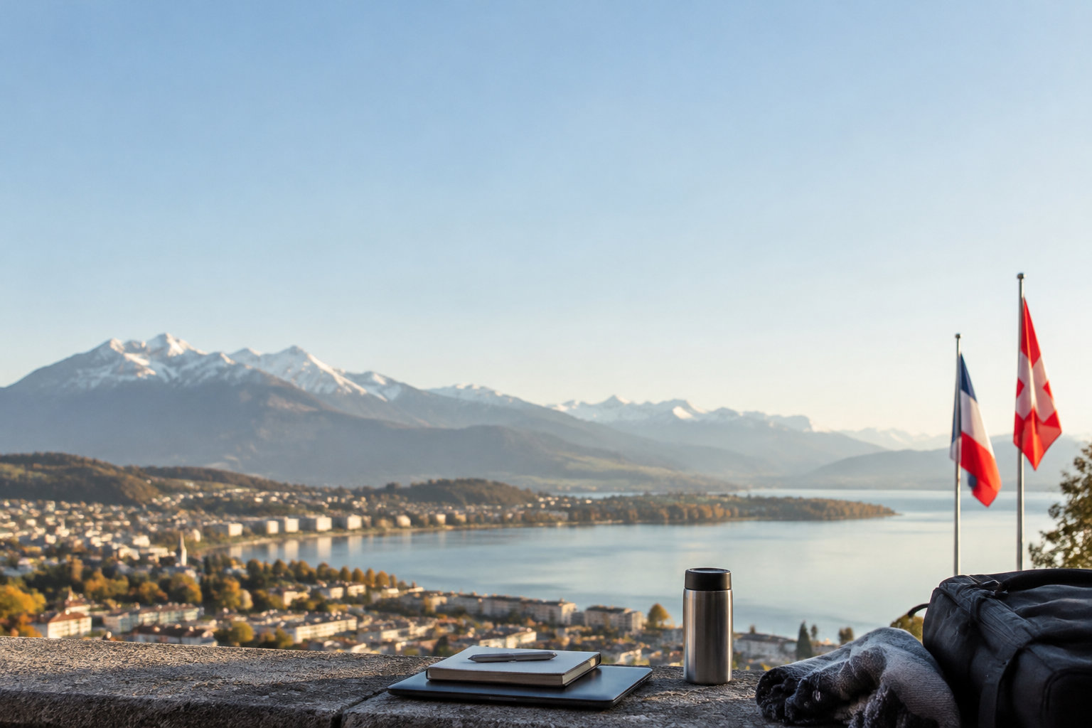 Vue panoramique sur le lac de Thoune et les Alpes avec un ordinateur et un thermos au premier plan.