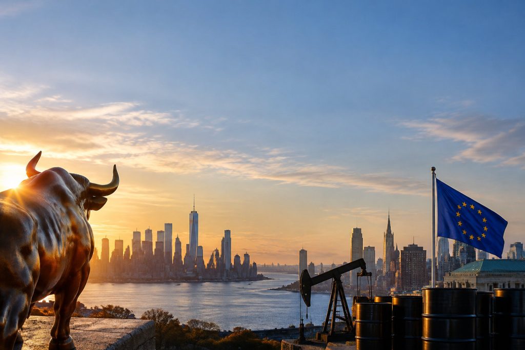 Taureau de Wall Street face au drapeau européen et un puits de pétrole devant la skyline de New York au coucher du soleil.