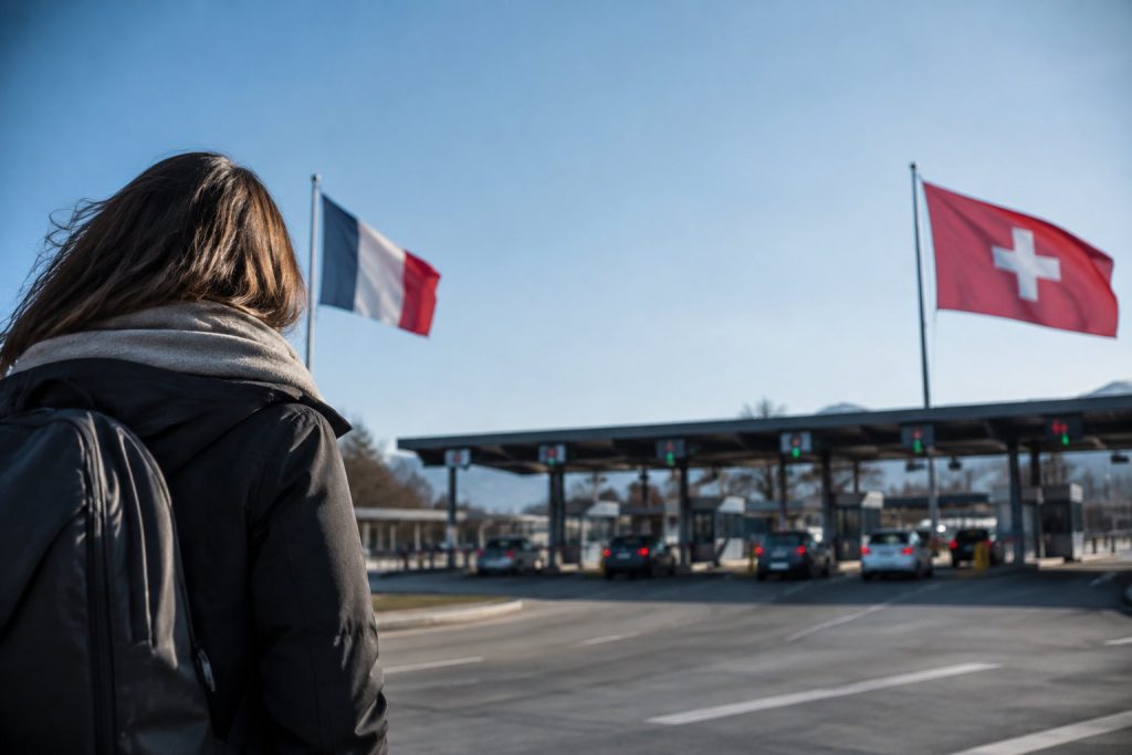 Une femme de dos regarde un poste frontière avec les drapeaux français et suisse flottant sous un ciel bleu.