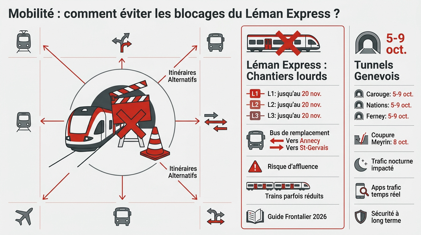 Trains du Léman Express à quai en gare de Genève lors de travaux de maintenance