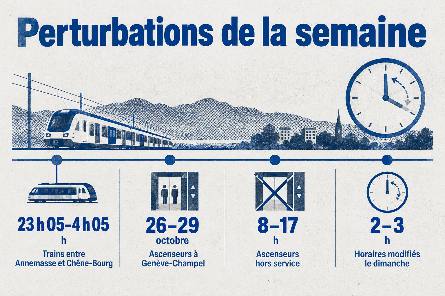 La coupure des trains entre Annemasse et Chêne-Bourg est indiquée de 23 h 05 à 4 h 05 ; les ascenseurs sont hors service du 26 au 29 octobre, de 8 h à 17 h, et des horaires de train changent entre 2 h et 3 h le dimanche.