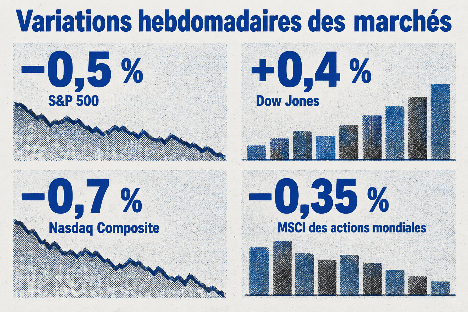 Les variations hebdomadaires sont négatives pour le S&P 500 (−0,5 %), le Nasdaq Composite (−0,7 %) et le MSCI des actions mondiales (−0,35 %), tandis que le Dow Jones progresse de 0,4 %.