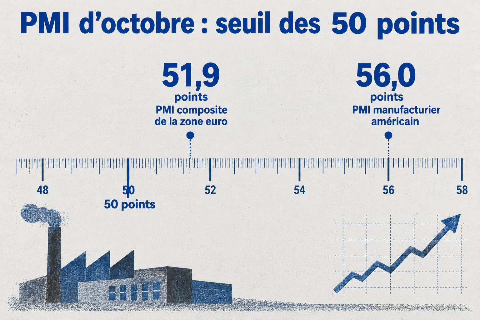 En octobre, le PMI composite de la zone euro atteint 51,9 points et le PMI manufacturier américain 56,0 points, tous deux au-dessus du seuil de 50 points.