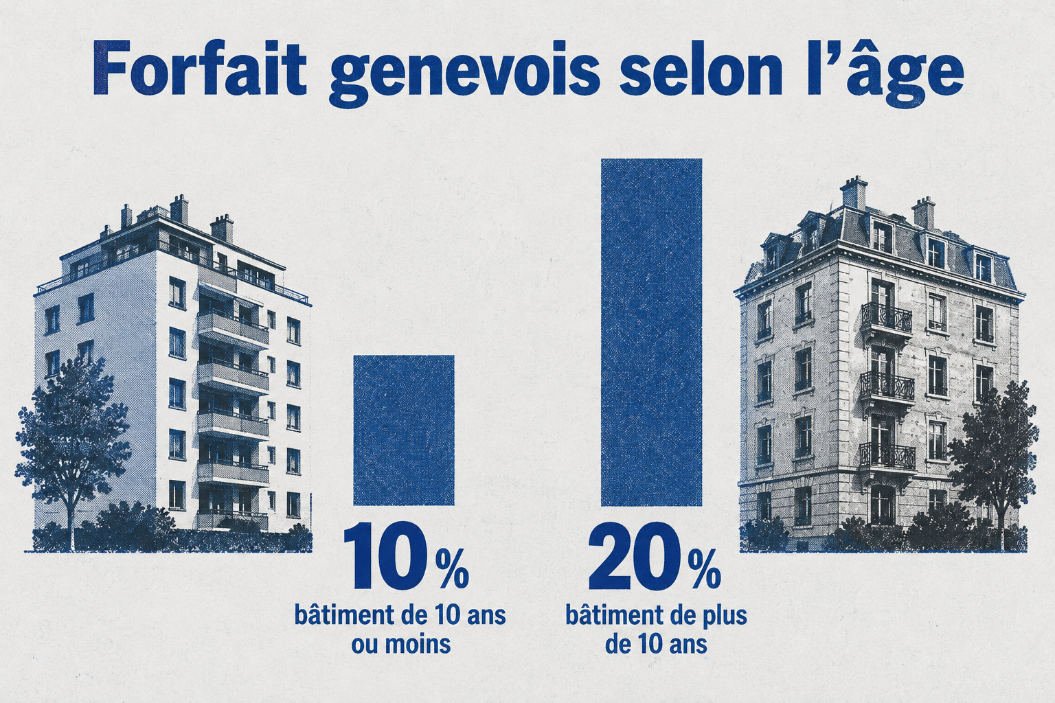 À Genève, le forfait est de 10 % pour un bâtiment de 10 ans ou moins et de 20 % pour un bâtiment de plus de 10 ans.