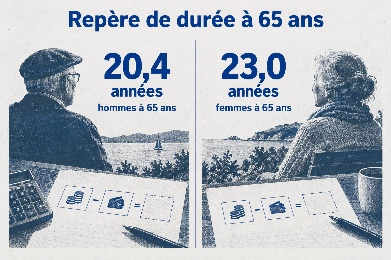 À 65 ans, le repère moyen est de 20,4 années pour les hommes et de 23,0 années pour les femmes.