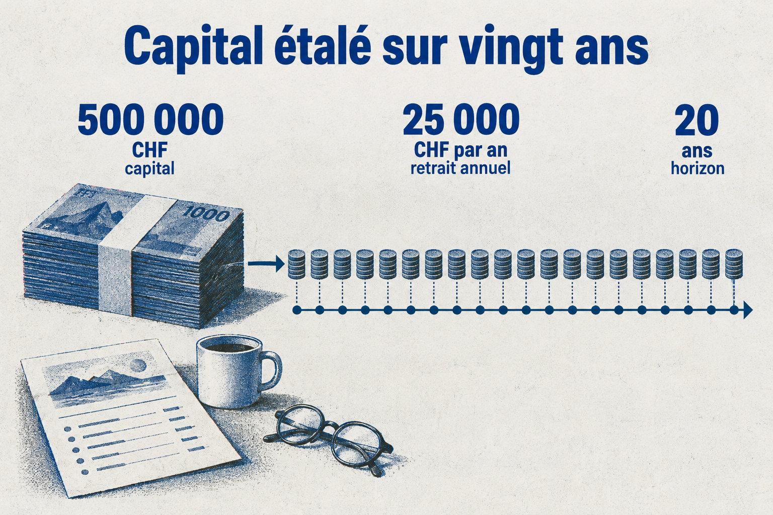 Un capital de 500 000 CHF retiré à raison de 25 000 CHF par an correspond à vingt ans de retraits.