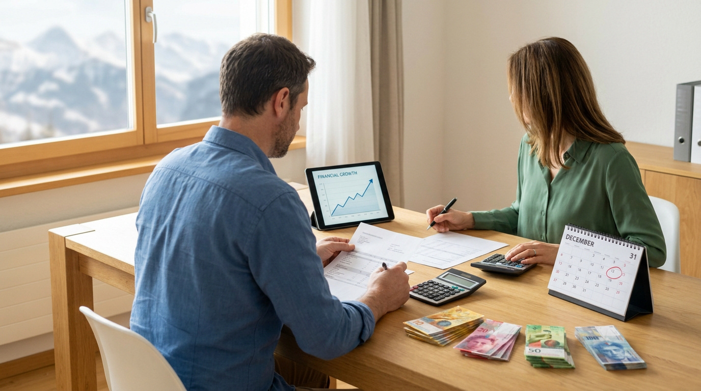 Un couple planifie ses finances avec des documents, une tablette et des billets de banque suisses sur une table.
