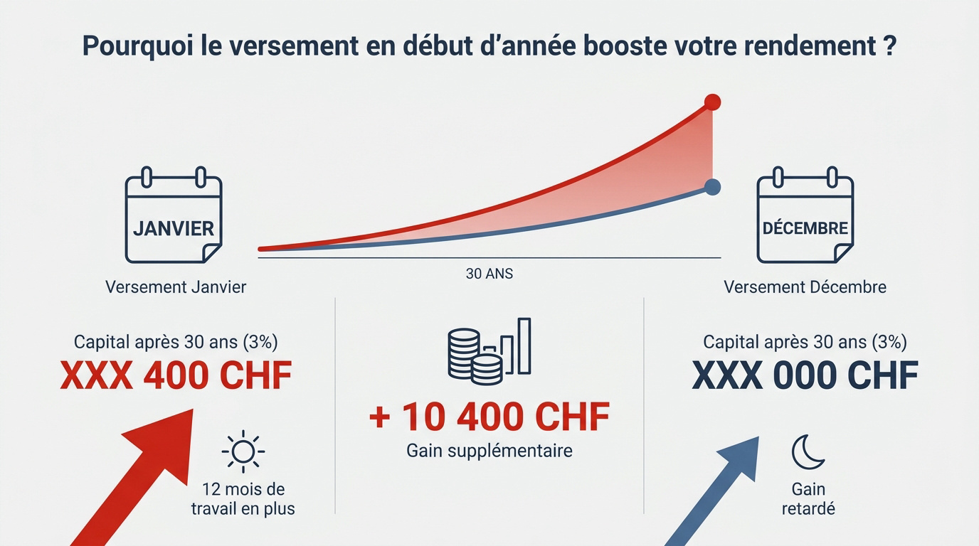 Comparaison graphique du rendement 3e pilier entre un versement en janvier et en décembre sur 30 ans