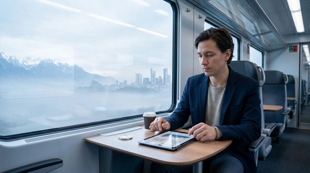 Un homme d'affaires travaille sur sa tablette dans un train suisse avec une vue sur les Alpes et une ville en arrière-plan.